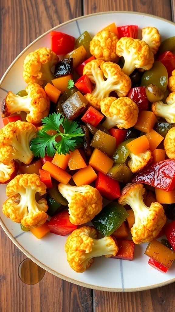 Roasted cauliflower vegetable medley with bell peppers and onions, garnished with parsley on a wooden table.